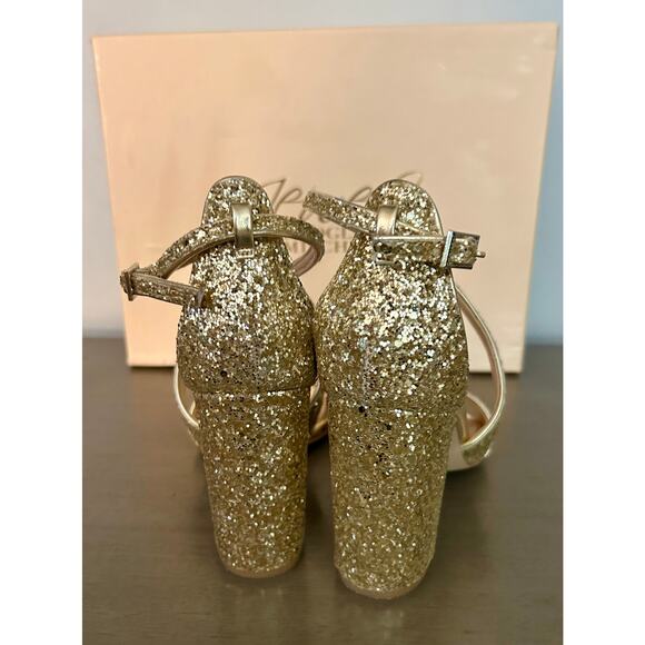 BEAUTIFUL Jewel Badgley Mischka Metallic Gold Glitter Evening Block Heel Sz 6.5 - Picture 6 of 8